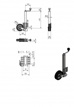 Stützrad, Ø 60 mm, automatisch klappbar Vollgummi auf Stahlfelge
